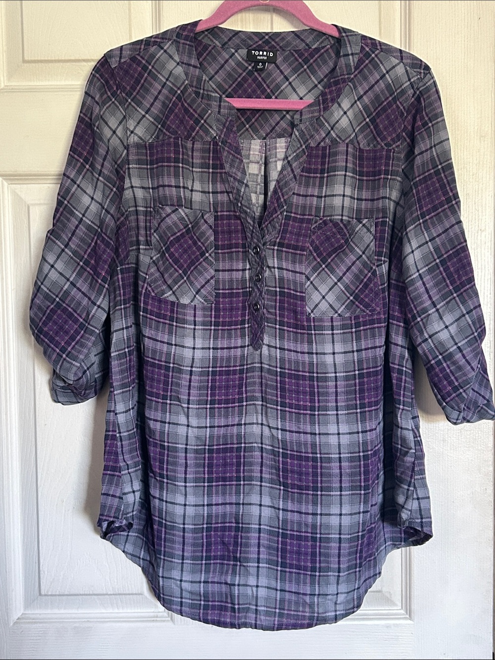 Torrid purple/grey plaid Harper blouse size large
